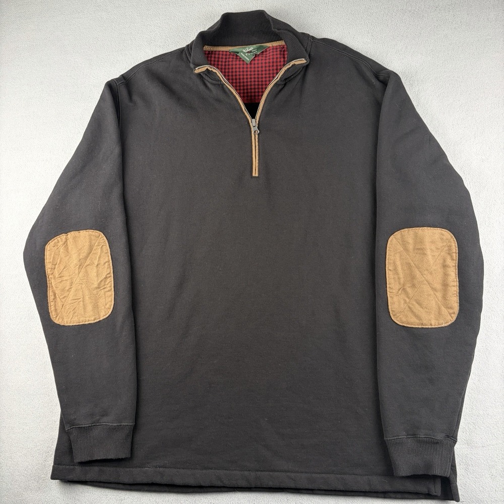 Woolrich Woolen Mills 1/4 Zip Pullover Men's XL Black Elbow Patch Buffalo Plaid